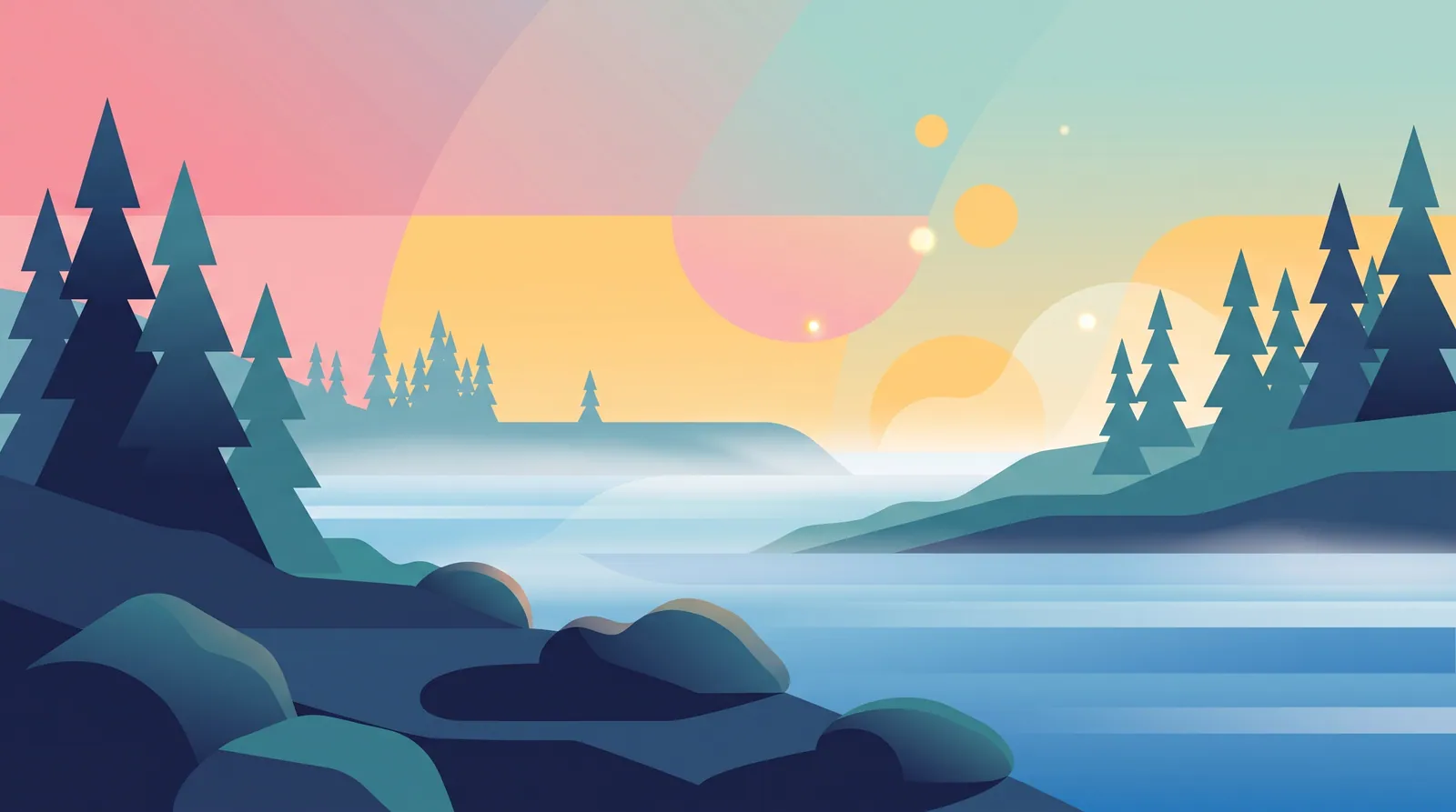 Flat illustration of a calm river at dawn with rounded rocks, pines and mist on the water