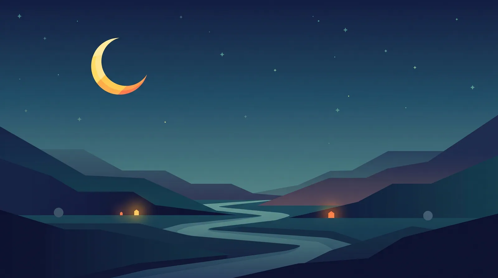 Flat illustration of a crescent moon over a valley at night with a few small lights along a river