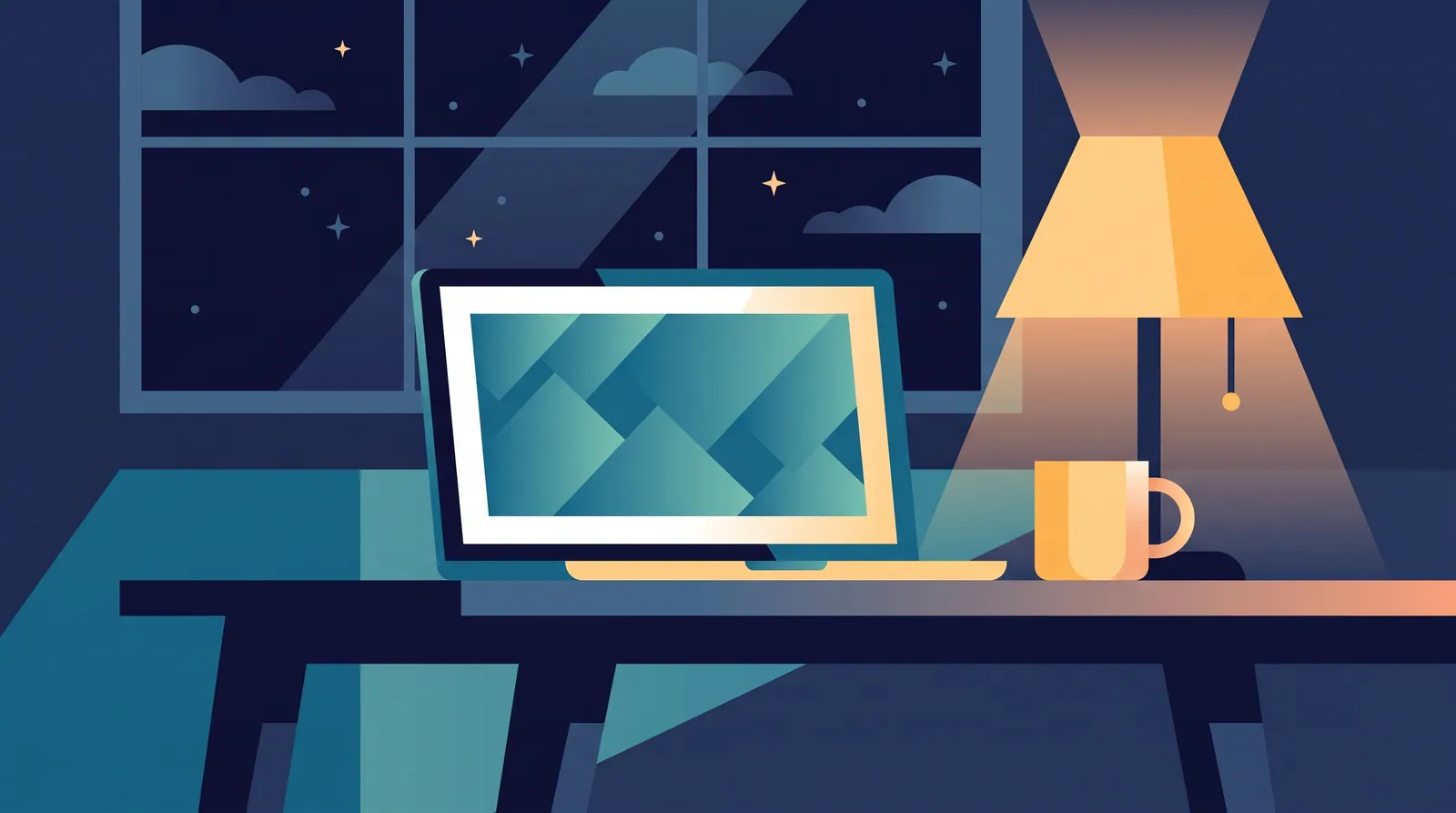 Flat illustration of a laptop with an abstract teal pattern on a kitchen table at night beside a lamp and a mug