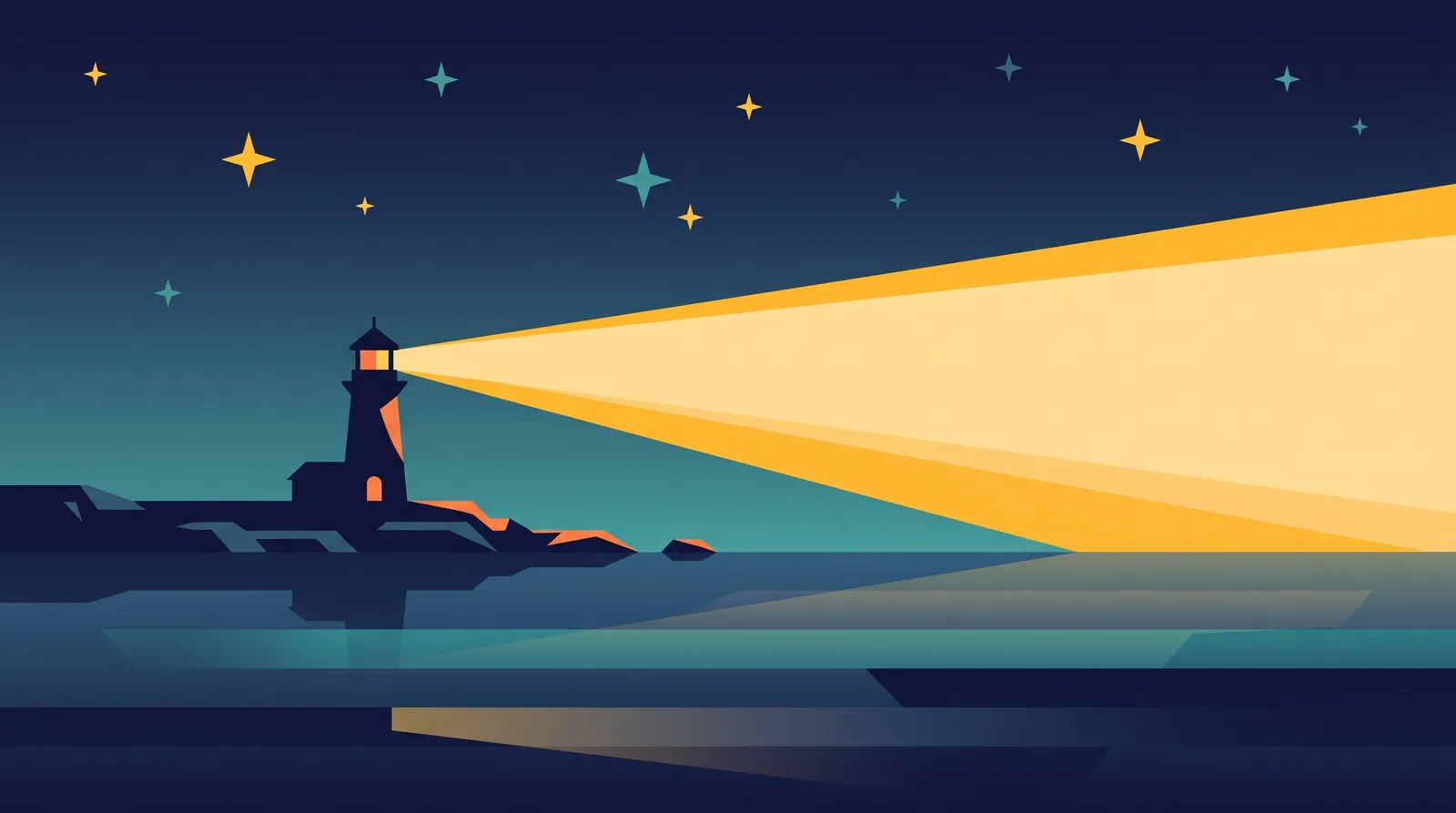 Flat illustration of a small lighthouse on a rocky point at night, its beam over dark water