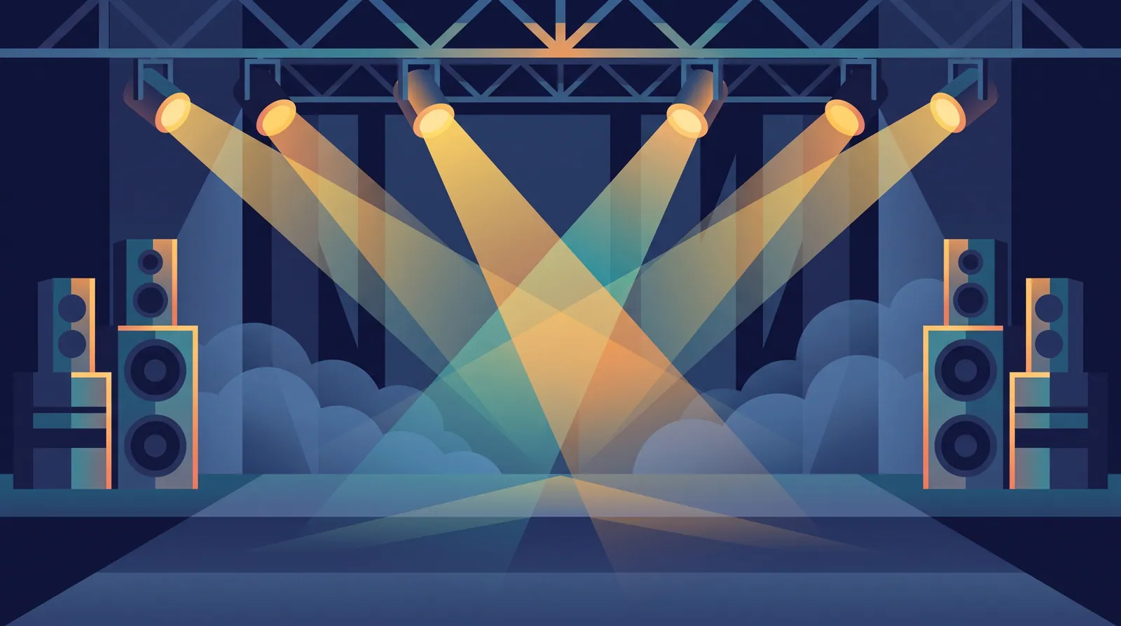 Flat illustration of an empty concert stage with crossing spotlights and speaker stacks in a soft haze
