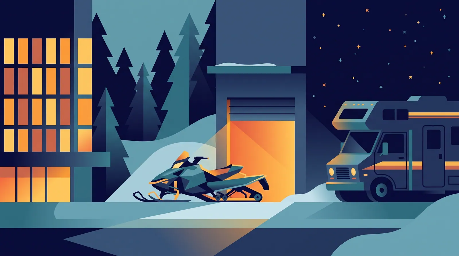 Flat illustration of a winter night with a lit hotel facade, a snowmobile by an open heated garage and a camper under the stars