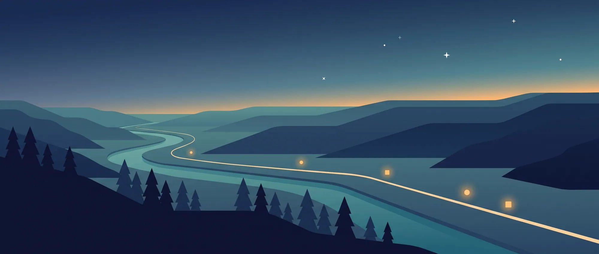 Flat illustration of a long river valley at blue hour, with a few small warm lights far apart along the river