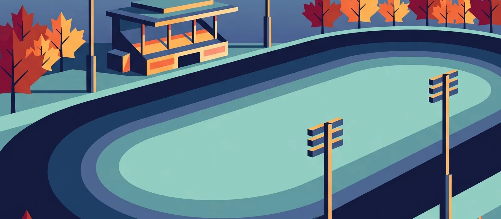 Flat illustration of an empty oval harness track in autumn with a small grandstand, light towers and red maples