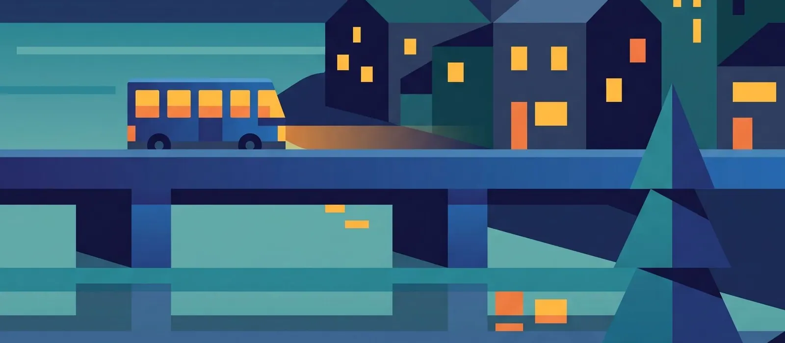 Flat illustration of a small shuttle bus crossing a bridge over a teal river into a riverside town at night